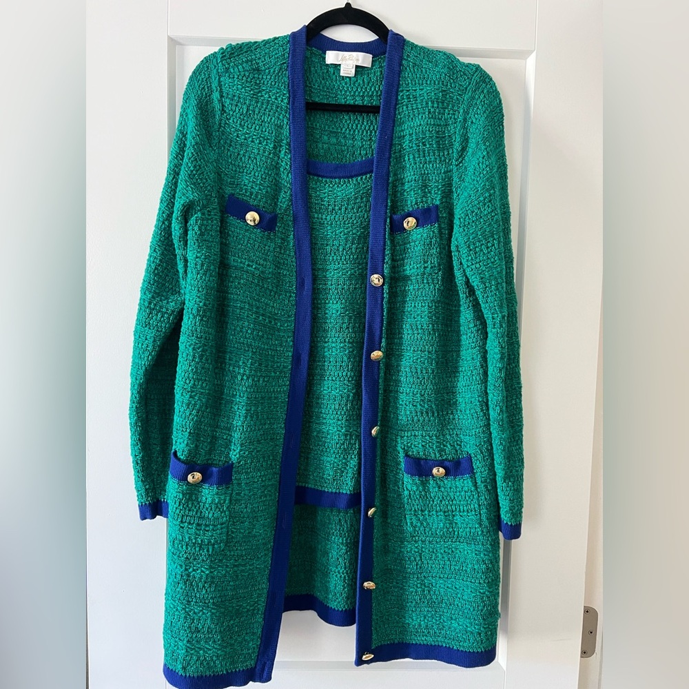Lilly Pulitzer Women's Tannery Cardigan and Cami in Deep Lagoon Moonlight Tweed